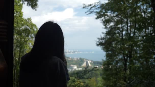 Silueta de una niña mirando por la ventana de una casa en el bosque en un paisaje marino — Vídeo de stock