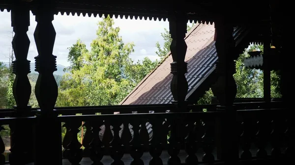 Widok z okna drewnianego domu na drzewach. drewniany dom w lesie — Zdjęcie stockowe