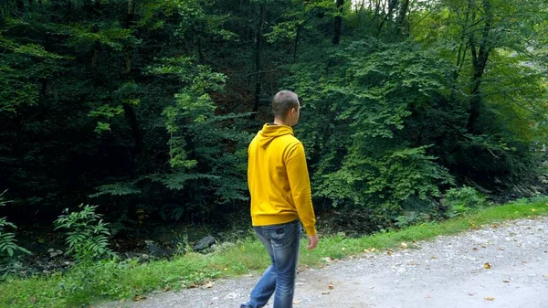 Un joven con una sudadera amarilla y jeans camina solo en un parque o bosque . —  Fotos de Stock