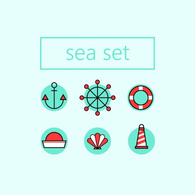 Vektör denizci seti. Gemi teması. çapa, dümen, deniz feneri, denizci şapkası, can simidi, kabuk
