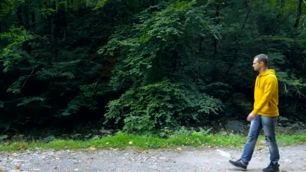 Un jeune homme en sweat-shirt jaune et en jean se promène seul dans un parc ou une forêt . — Video