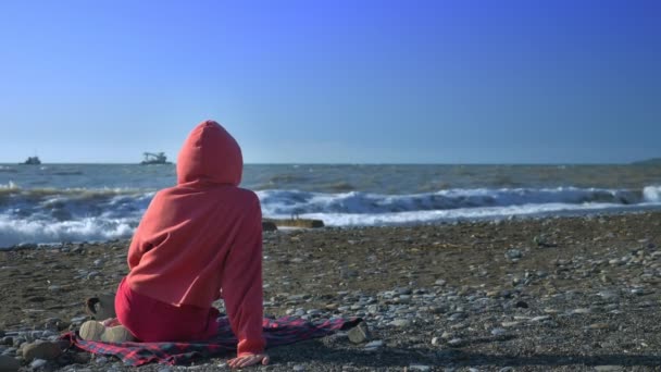 Achteraanzicht. iemand in een rode sweater en capuchon zit op het strand tijdens een storm en kijkt naar de zee — Stockvideo