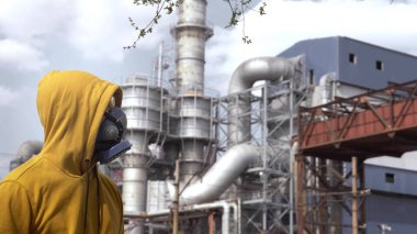 Fabrika bacalarının arka planında solunum cihazındaki adam.