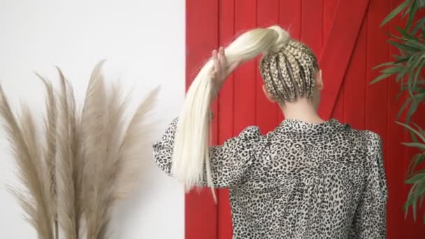 Вид ззаду. Красива блондинка з афро-косичками і роздрібною торгівлею, махаючи волоссям — стокове відео