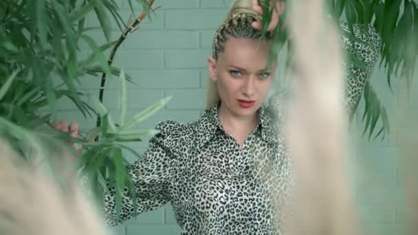 Hermosa mujer con trenzas afro posando entre plantas tropicales verdes — Vídeos de Stock