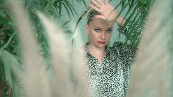 Hermosa mujer con trenzas afro posando entre plantas tropicales verdes — Vídeo de stock