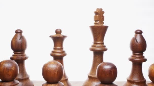 Super close Details of chess pieces that stand on a chessboard — Stock Video