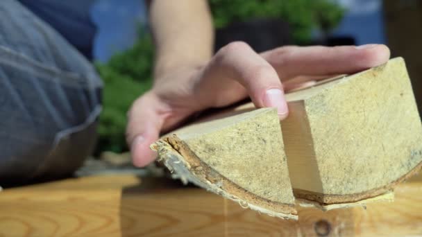 Mano masculina toma un tronco contra el fondo de una casa de pueblo y el cielo — Vídeos de Stock