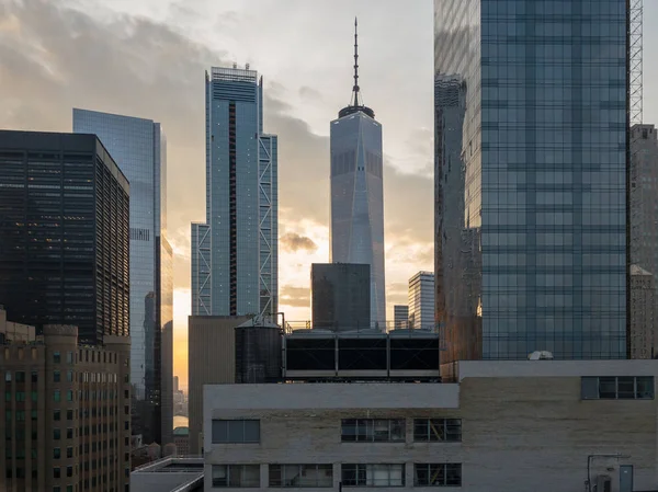 Centrum Luchtfoto Skyline Van Stad Van New York Avonds Naar — Stockfoto