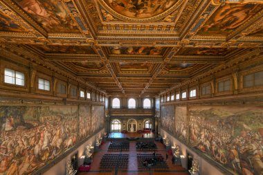 Florence, İtalya - 21 Mart 2018: Salone dei Cinquecento içinde Palazzo Vecchio, Florence, İtalya.