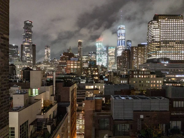 New York Downtown Skyline Una Noche Nublada Nebulosa Desde Tribeca —  Fotos de Stock