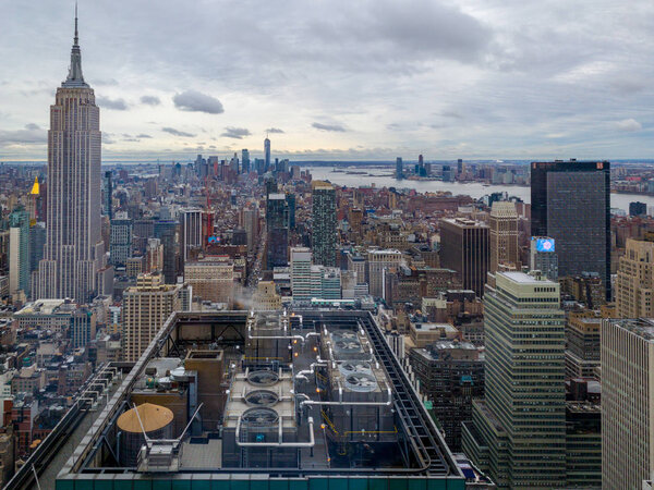 Aerial view of the New York City skyline with Midtown Manhattan.