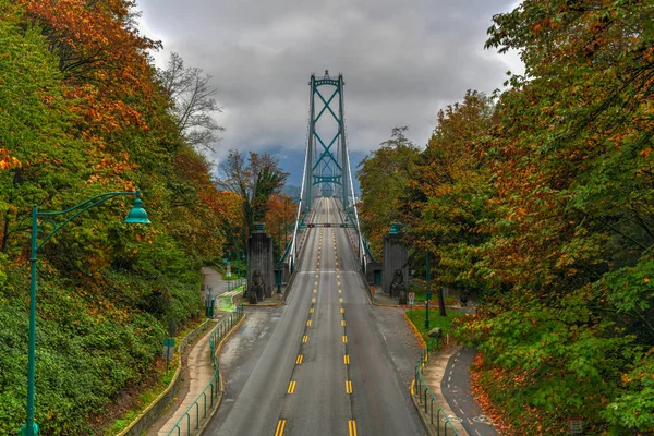 从加拿大温哥华斯坦利公园看到的狮子门桥 有秋叶 1938年开通的狮子门大桥 被正式称为 第一窄桥 是一座悬索桥 — 图库照片