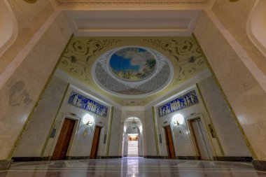 Moscow, Russia - Jun 23, 2018: Interior lobby of the Kotelnicheskaya Embankment Building, an apartment building in Moscow, Russia. One of seven Stalinist skyscrapers, also called The Seven Sisters.