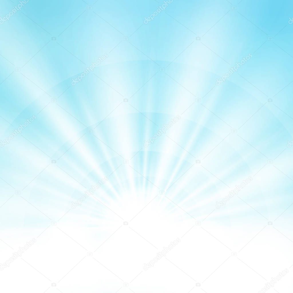Center sunburst light effect on soft clean blue sky background with text space, flying banner illustration vector eps10