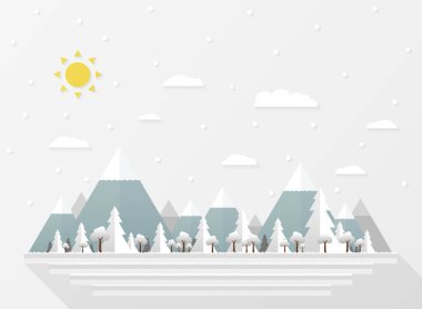 Soyut Noel beyaz kar Falls, kağıt sunan geniş orman arka planda kesti. illüstrasyon vektör eps10