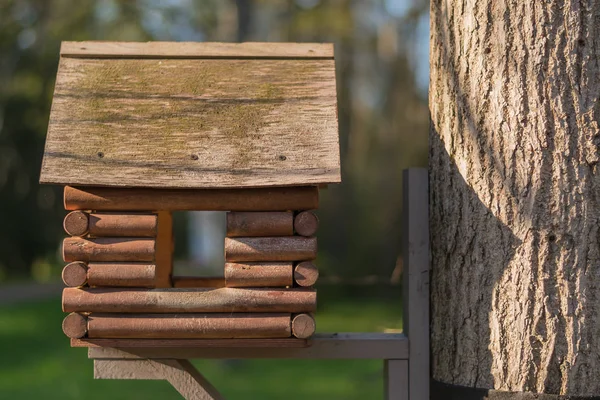 Vogelfutterhäuschen Form Eines Holzhauses — Stockfoto
