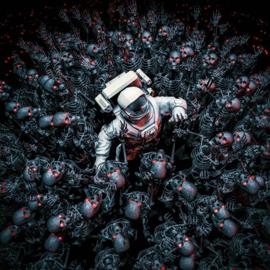 Planet Terror / astronot 3d çizimi robot zombi iskeletler bir kalabalık tarafından çevrili
