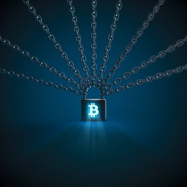 Bitcoin blockchain kavramı / 3d çizim zincirlerinin düzenlenen birlikte kilit tarafından şeklinde bitcoin anahtar deliği ile