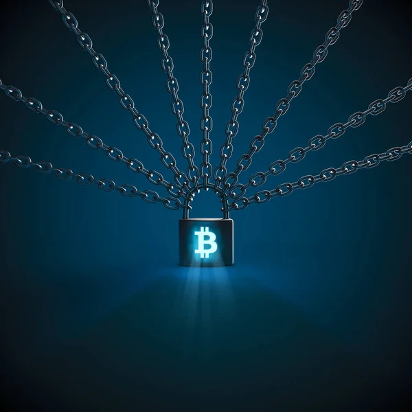 Bitcoin Blockchain Koncepció Illusztráció Láncok Tartja Össze Zár Kulcslyuk Alakú — Stock Fotó