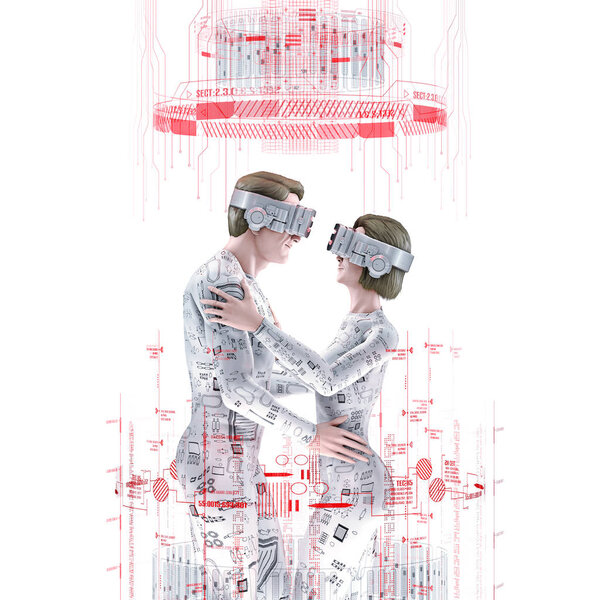 Virtual love concept white / 3D illustration of male and female figures embracing wearing virtual reality glasses in bright white virtual environment
