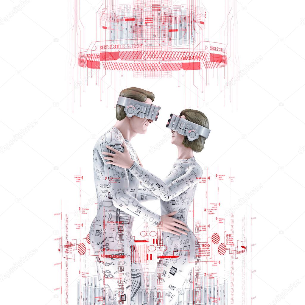 Virtual love concept white / 3D illustration of male and female figures embracing wearing virtual reality glasses in bright white virtual environment