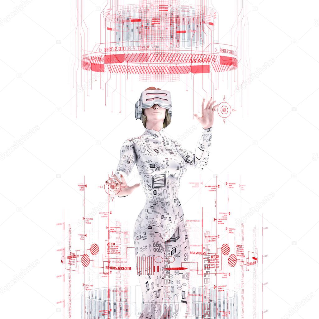 Virtual reality female user white / 3D illustration of female figure in virtual gear working in bright white virtual environment