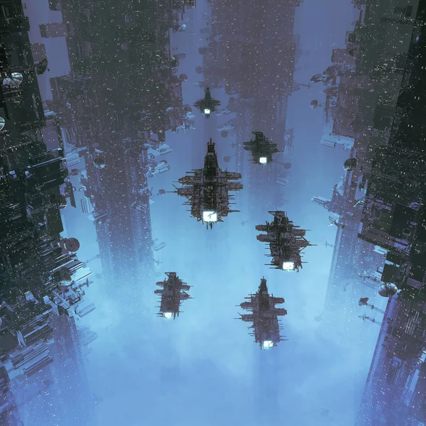 The voyage home / 3D illustration of spaceships flying through dark futuristic city shrouded in clouds
