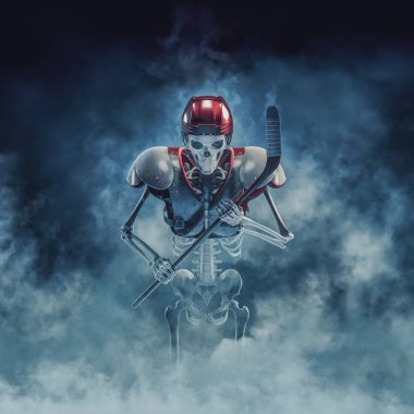 The phantom hockey player / 3D illustration of scary skeleton with ice hockey stick, helmet and shoulder pads emerging through smoke clipart