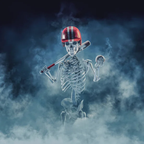 幽灵棒球运动员 图示恐怖骨架与棒球棍 头盔和球出现通过烟雾 — 图库照片