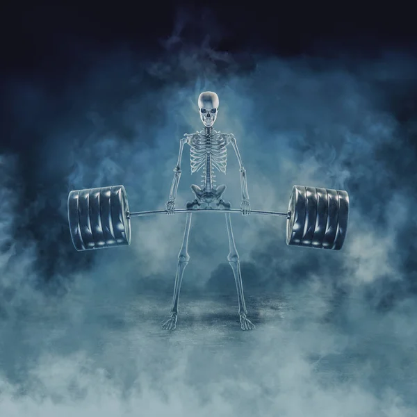 Deadlift 图示可怕的健身骨架举起沉重的杠铃通过烟雾出现 — 图库照片
