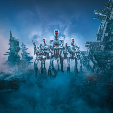 Android army patrol / 3D illustration of science fiction scene with three military robots with laser rifles searching ruins of futuristic dystopian city clipart