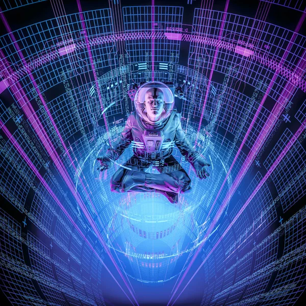Астронавт Иллюстрация Астронавта Позе Лотоса Светящейся Киберсреде — стоковое фото