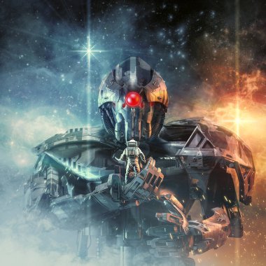 Titan izleyiciyle / bilim kurgu sahne dev robot ile 3d çizimi tutan astronot 's el palm