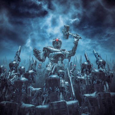 Bir kez daha yasal olmayan bir şey Allah'a / bilim kurgu sahne robot genel holding Savaşı ile 3d çizimi çekiç android askerlerini fırtınalı bir karanlık gökyüzü altında toplanma