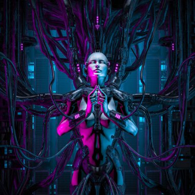 Kuantum zen Kraliçe / 3d bilgisayar çekirdeğine kadın android kablolu çizimi