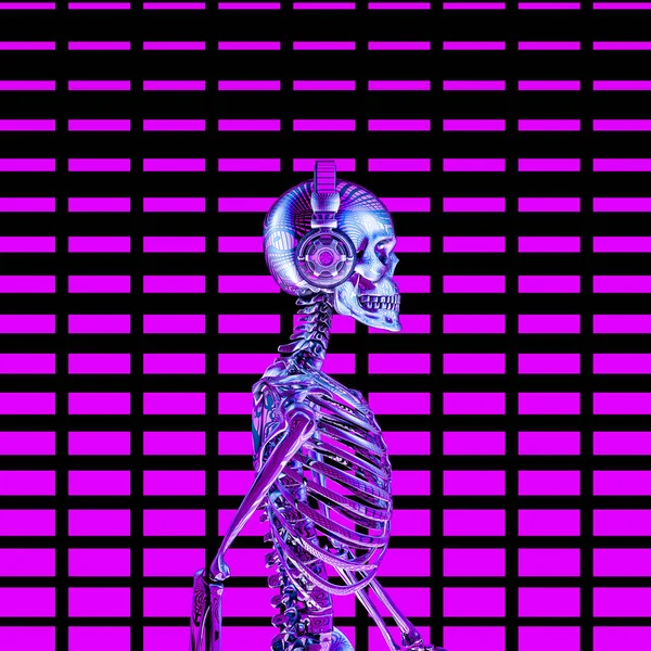 八十年代霓虹灯迪斯科耳机骨架 铬金属男性骨架佩戴耳机与发光音量酒吧背景的插图 — 图库照片