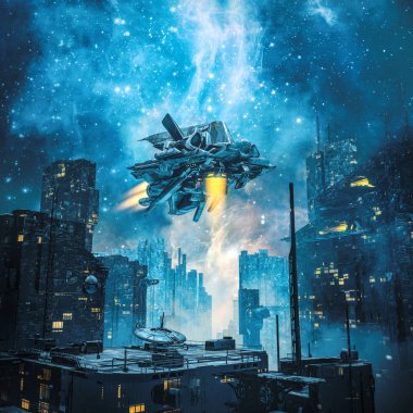 Voyager'ın gece / parlayan bir gökada altında karanlık fütüristik şehirden taking uzay gemisi 3d çizimi