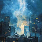 Galaktikus helyet kolónia éjjel / 3d sötét, futurisztikus sci-fi város alatt az égen ragyogó galaxis illusztrációja