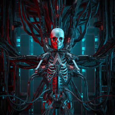 Kuantum ölüm meleği / 3d bilimkurgu insan android oyun iskelet kablolu bilgisayar çekirdeğine çizimi