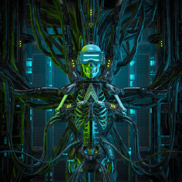 The virtual quantum reaper / 3D illustration of science fiction human android gamer skeleton wearing virtual reality glasses hardwired to computer core