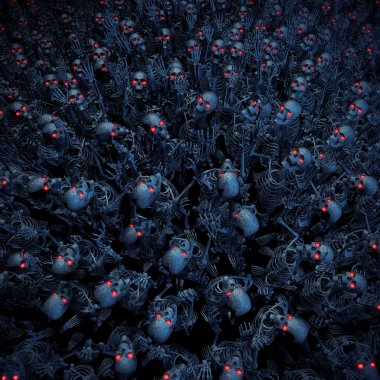 İskelet horde / gözleri parlayan ile kötü Robot zombi iskeletler 3d çizimi