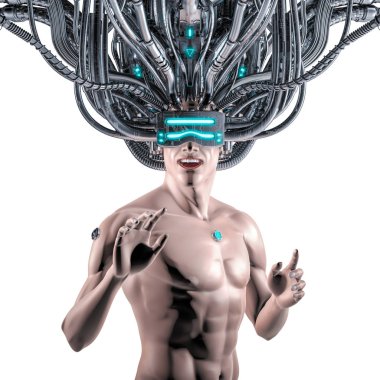 Veri adam için kablolu / bilim kurgu cyberpunk erkek 3d çizimi rakam beyaz arka plan üzerinde sanal gerçeklik için kablolu