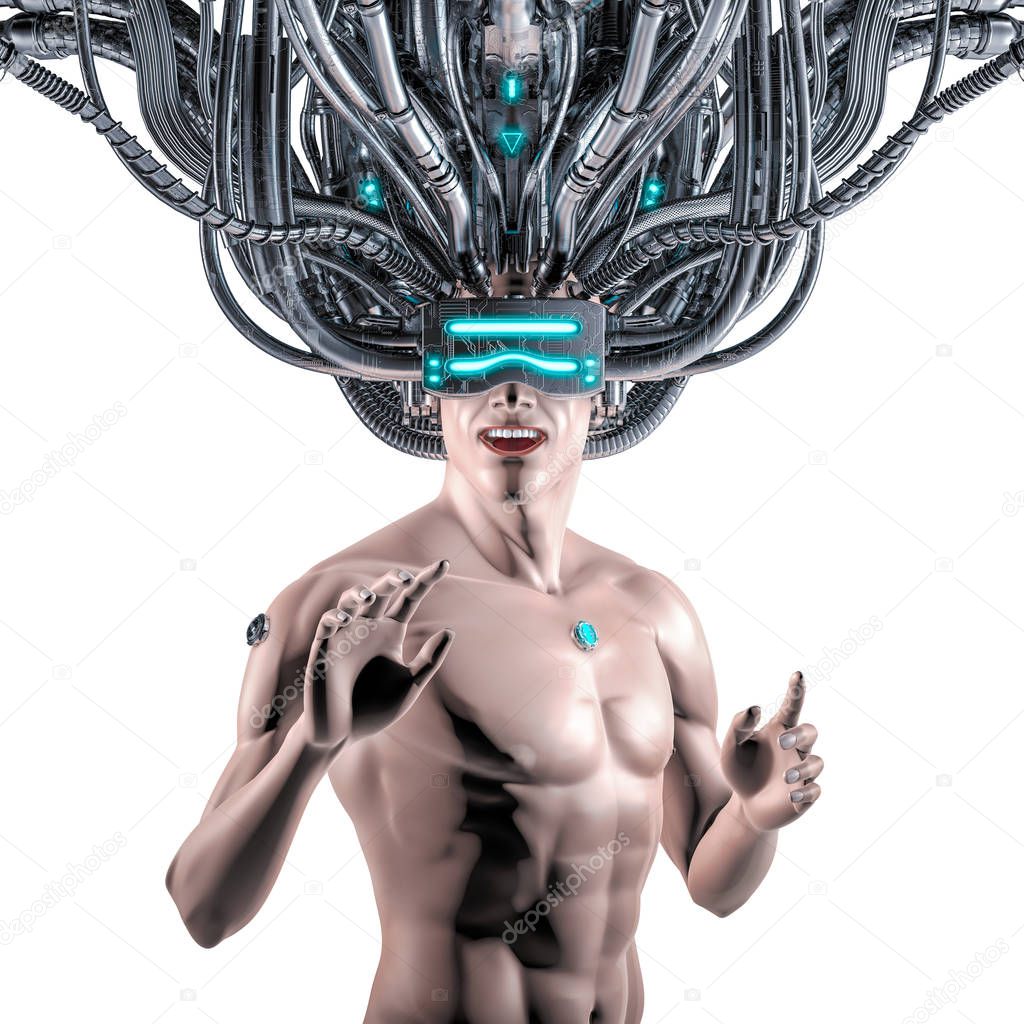 Wired for data man / 3D illustration of science fiction cyberpunk male figure hardwired to virtual reality on white background