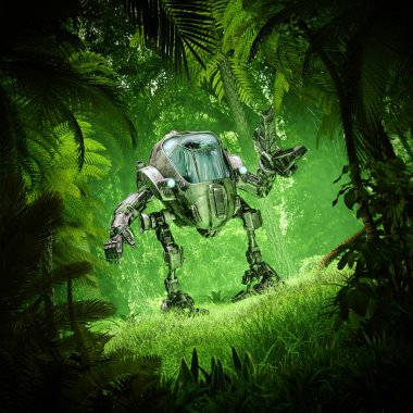 Tropical jungle mech robot / 3D illustration of science fiction scene with robot exploring lush green forest clipart