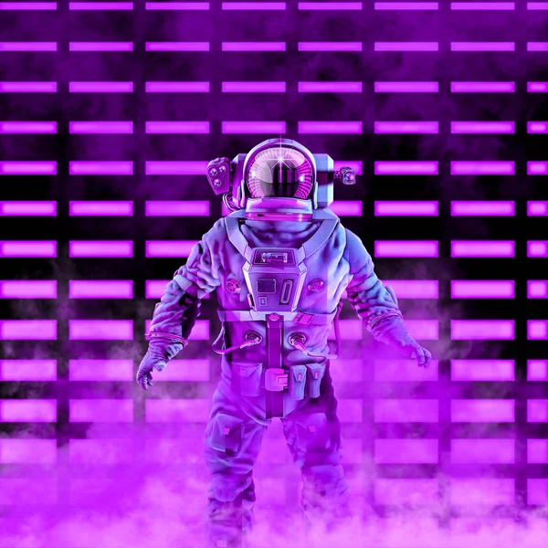 Neon Astronauta Ilustracji Sceny Science Fiction Astronautą Przestrzeni Kombinezon Przed — Zdjęcie stockowe