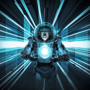 Erkek astronot küreyi teslim / bilim kurgu sahne 3d çizimi astronot uzay giysisi içinde neon ile koridor parlayan uzaylı kuantum enerji topu ile yaktı