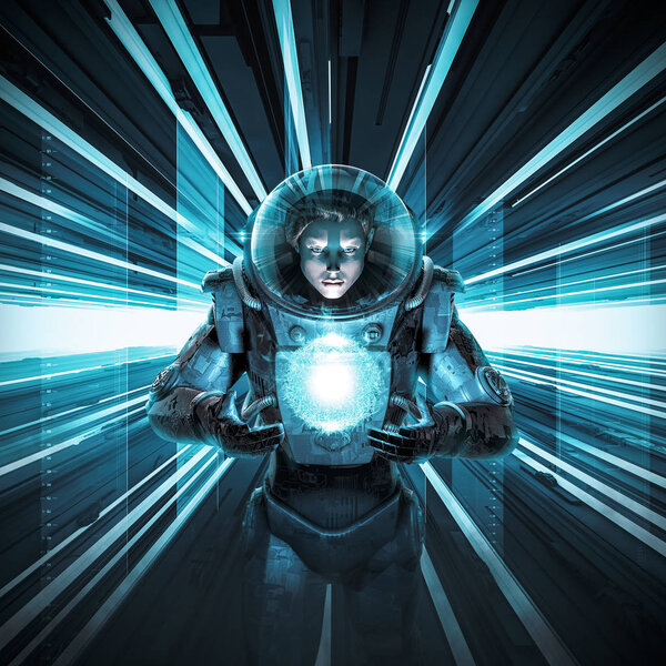 Female astronaut delivering the orb / 3D illustration of science fiction scene with astronaut in space suit in neon lit corridor with glowing alien quantum energy ball