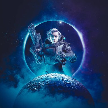 Genç kadın uzaylı / bilim kurgu sahne gösteren genç kahraman kadın astronot lazer silahı ile 3d çizimi ay düşüyor