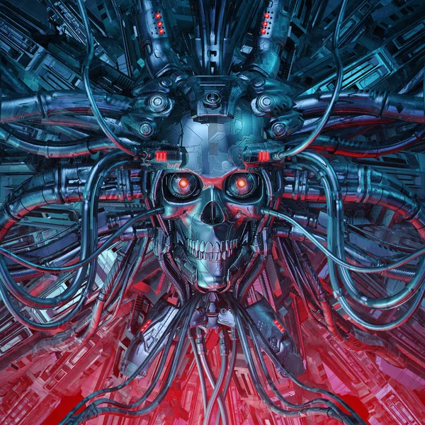 重金属思维 科幻小说的插图可怕的机器人头骨人工智能硬连接到计算机核心 — 图库照片